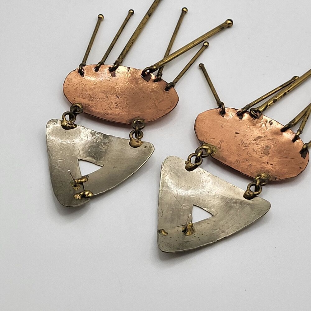 Artisan Made Hammered Silver Copper Brass Fringe Statement Dangle Earrings 5in - Picture 3 of 3